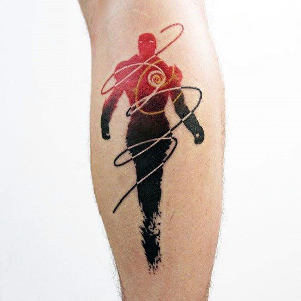 Iron Man tattoo featuring a silhouette of him in motion, with his chest arc reactor glowing brightly, and dynamic splashes of red and black creating a striking, modern design.