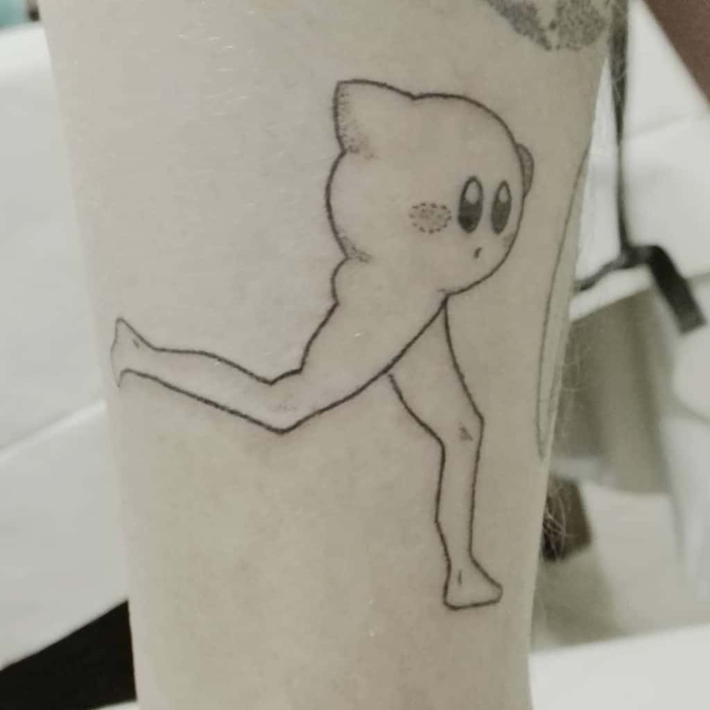 Minimalist Kirby tattoo with a surreal human-like running body