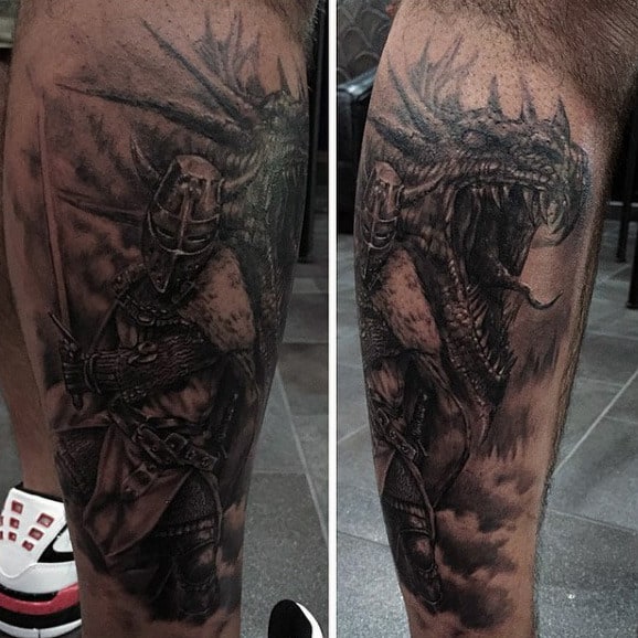 Leg Knight Fighting Dragon Tattoo For Men