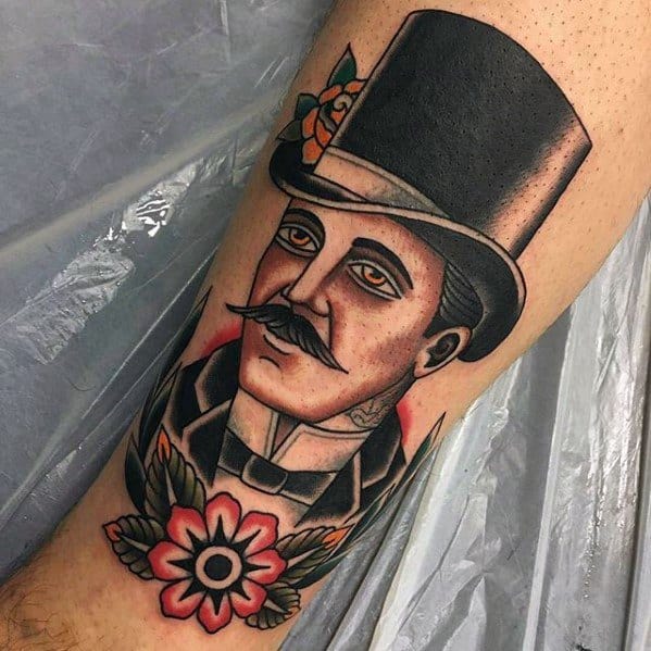 Leg Male Flower Top Hat Tattoo Design Inspiration
