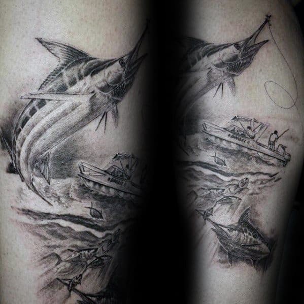 Leg Male Tattoo With Marlin Design