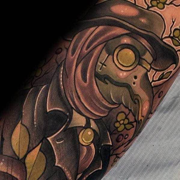 Leg Male Tattoo With Plague Doctor Design