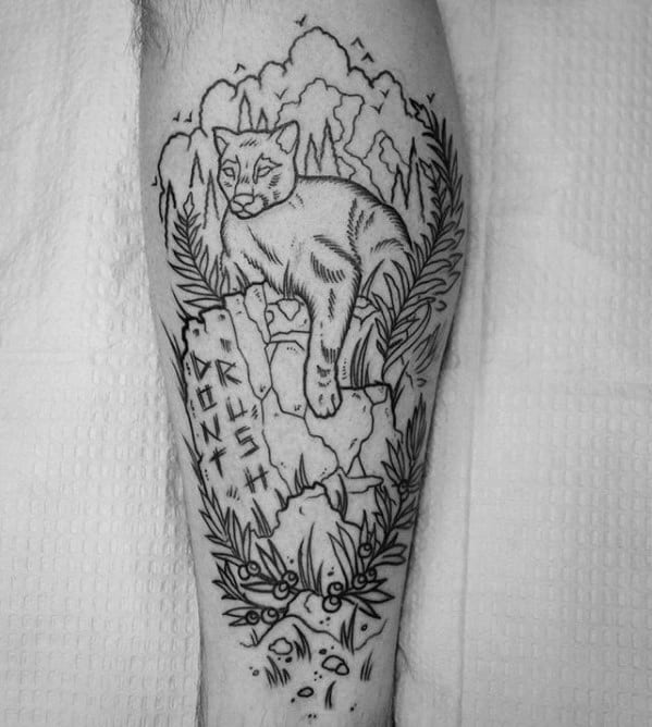 Leg Male With Cool Mountain Lion Tattoo Design