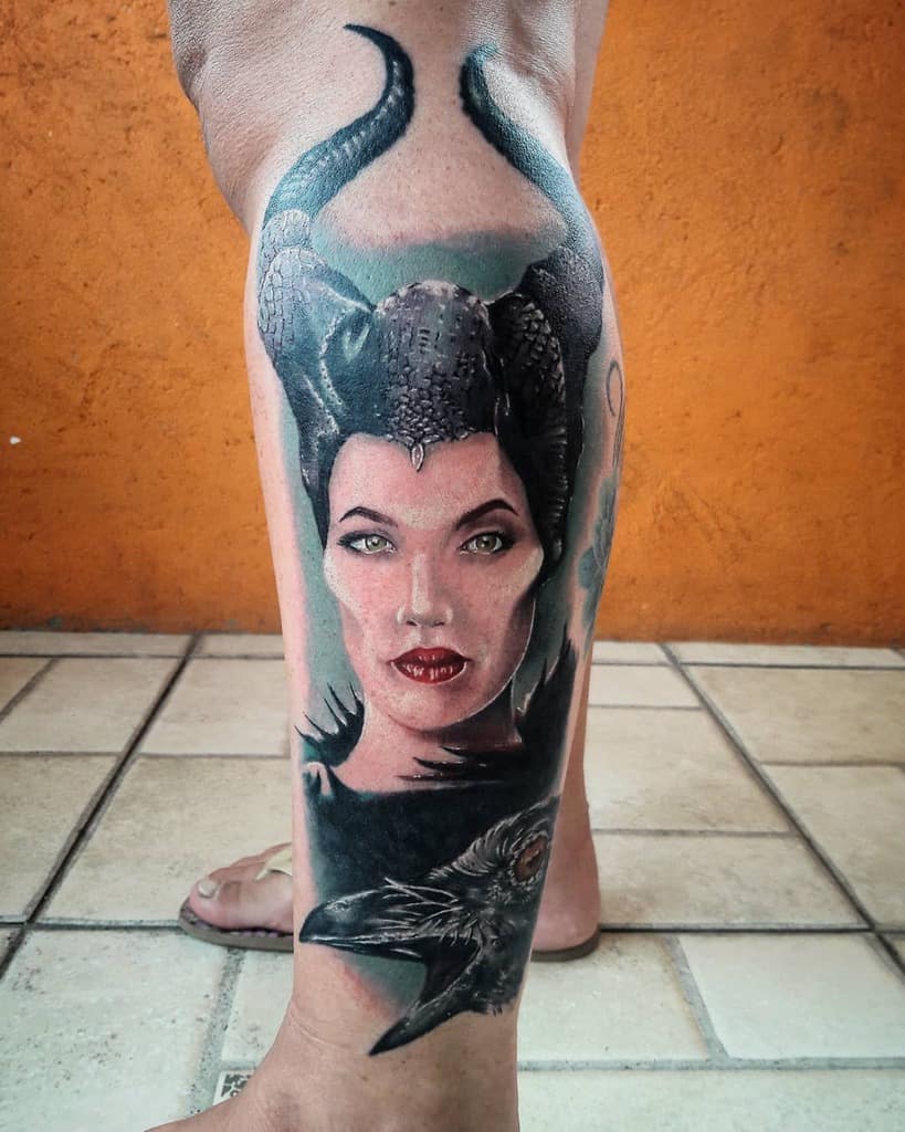 Leg tattoo of Maleficent with black horns