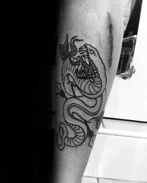 Leg Masculine Small Snake With Arrow Tattoos For Men
