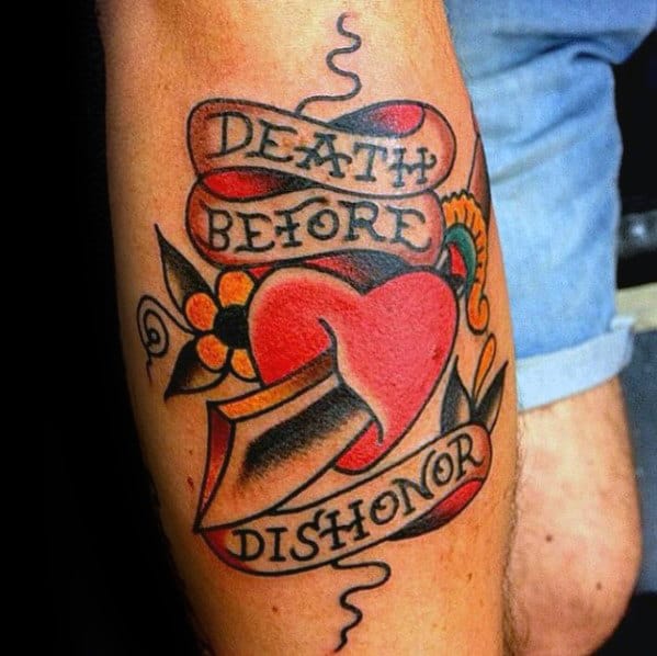 Leg Mens Death Before Dishonor Traditional Heart Dagger Tattoos