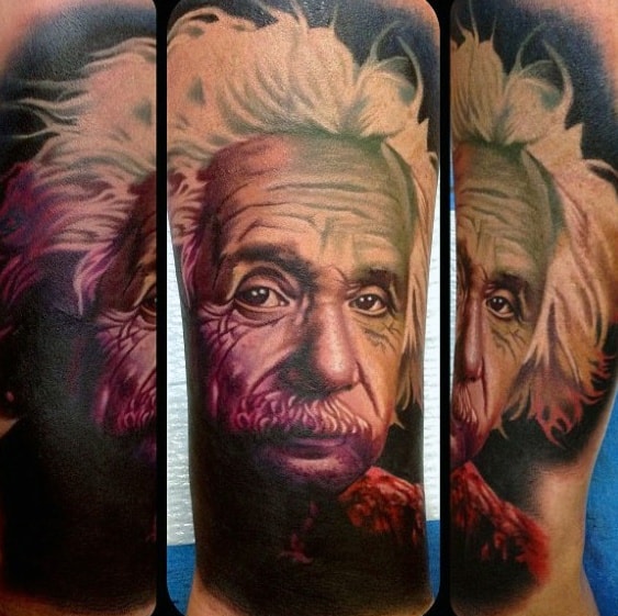 Leg Mens Tattoo With Albert Einstein Design