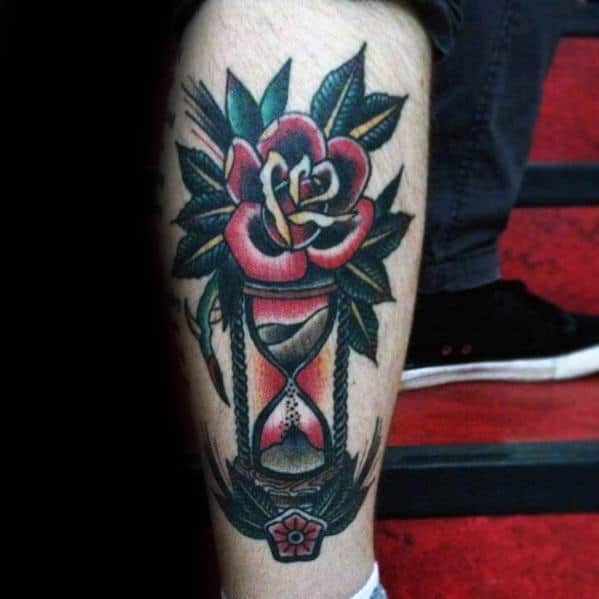 Leg Mens Traditional Hourglass Rose Flower Tattoo