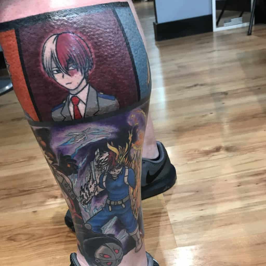 Detailed tattoo featuring Shoto Todoroki from My Hero Academia in both his school uniform and battle stance, with fire and ice effects