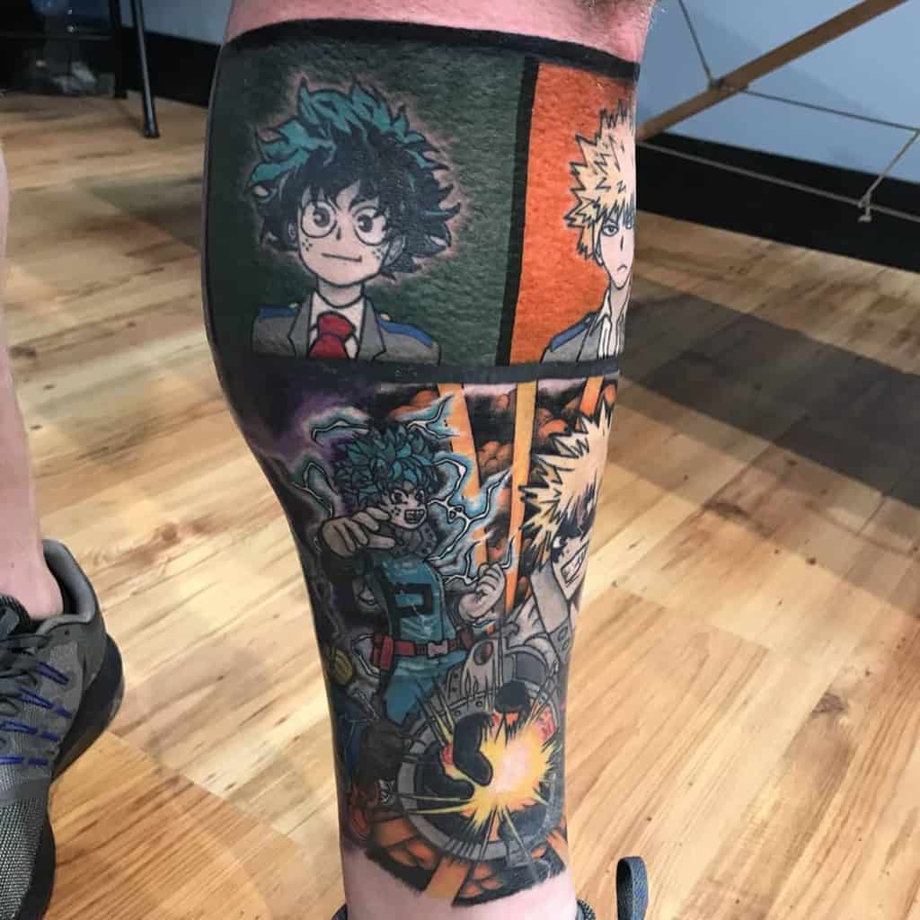 Full tattoo featuring Izuku Midoriya and Katsuki Bakugo from My Hero Academia, with school uniform portraits and a battle scene below