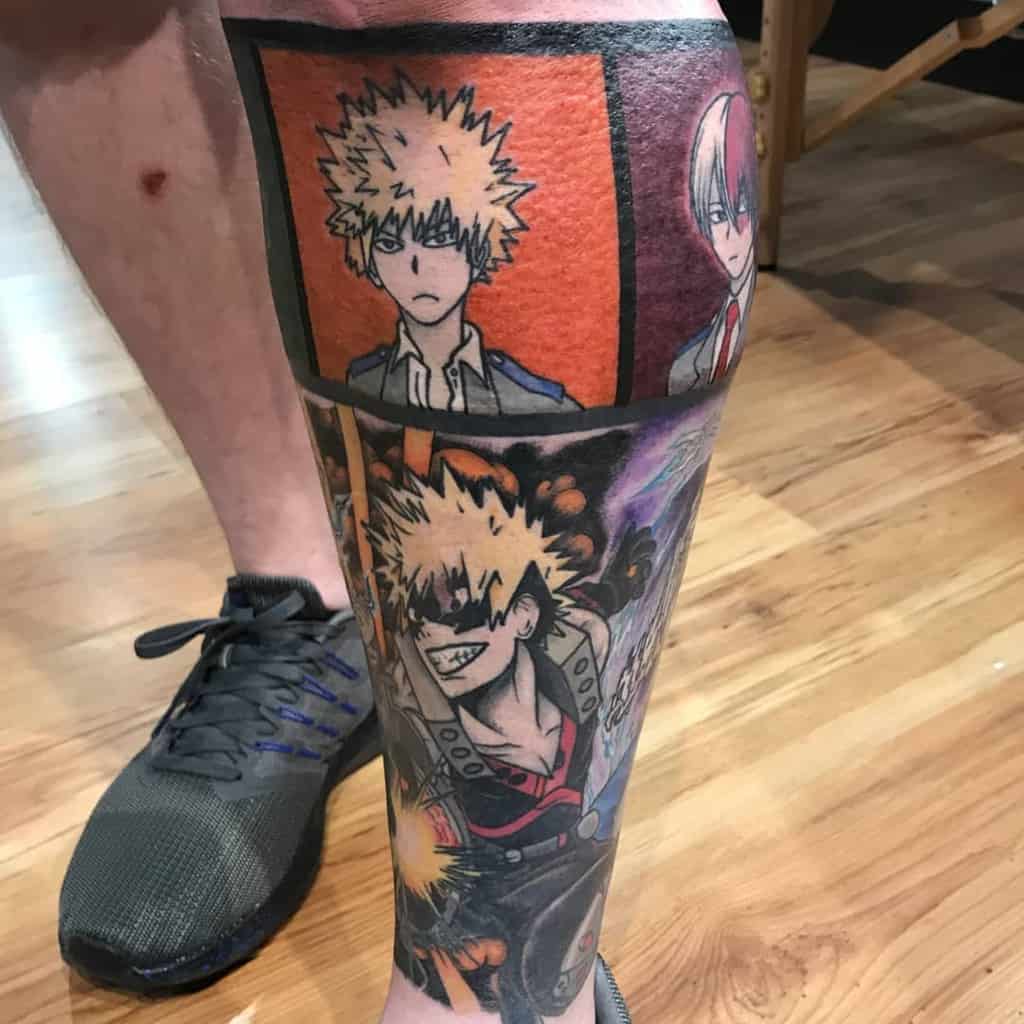 Full tattoo featuring Katsuki Bakugo and Shoto Todoroki from My Hero Academia, with school portraits above and a fiery battle scene below