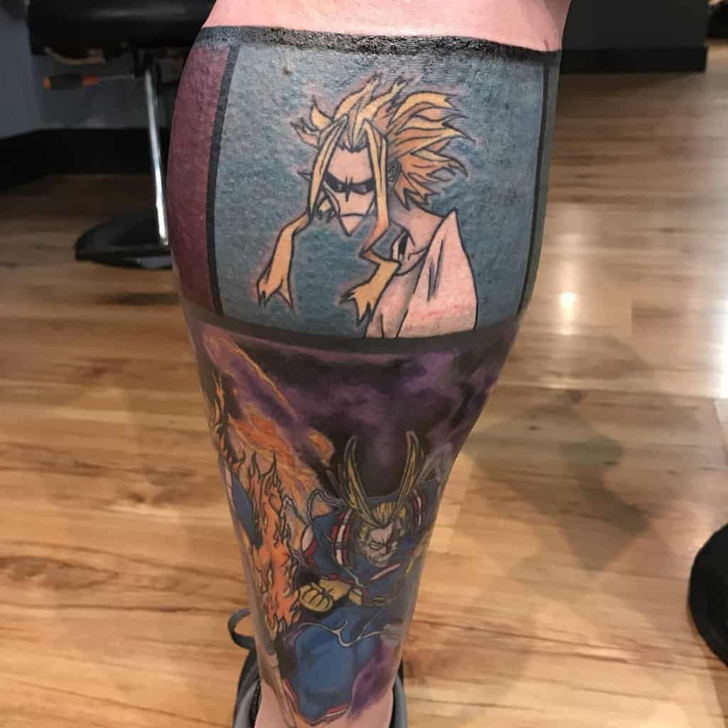 Colorful tattoo featuring All Might from My Hero Academia, with his weakened form in a panel above and a dynamic battle pose with flames below