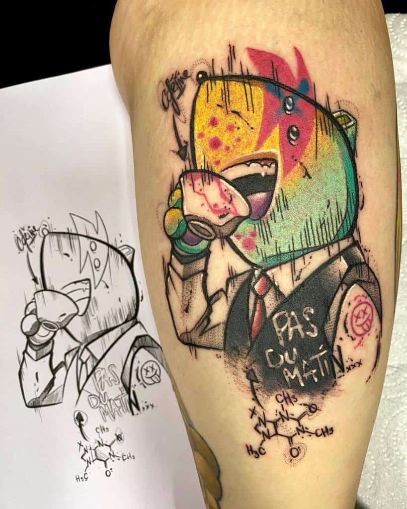 Vibrant tattoo of a My Hero Academia character drinking from a cup labeled 'Caffeine' with an arrow pointing to it, surrounded by colorful splashes, chemical formulas and text 'Pas du matin'