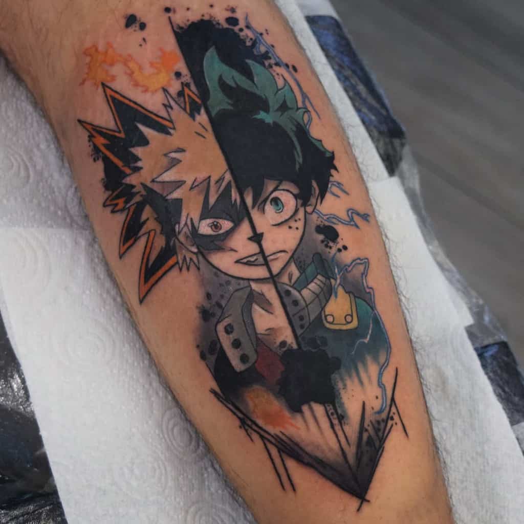 Dynamic tattoo of Katsuki Bakugo and Izuku Midoriya from My Hero Academia, split down the middle with fiery and electric effects for contrast
