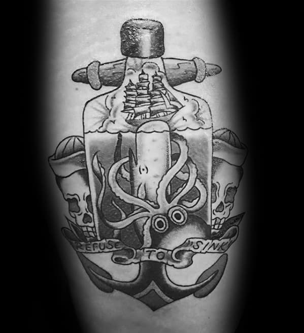 Black and gray tattoo of a ship in a bottle with a giant squid, skulls, and a banner reading "Refuse to Sink"