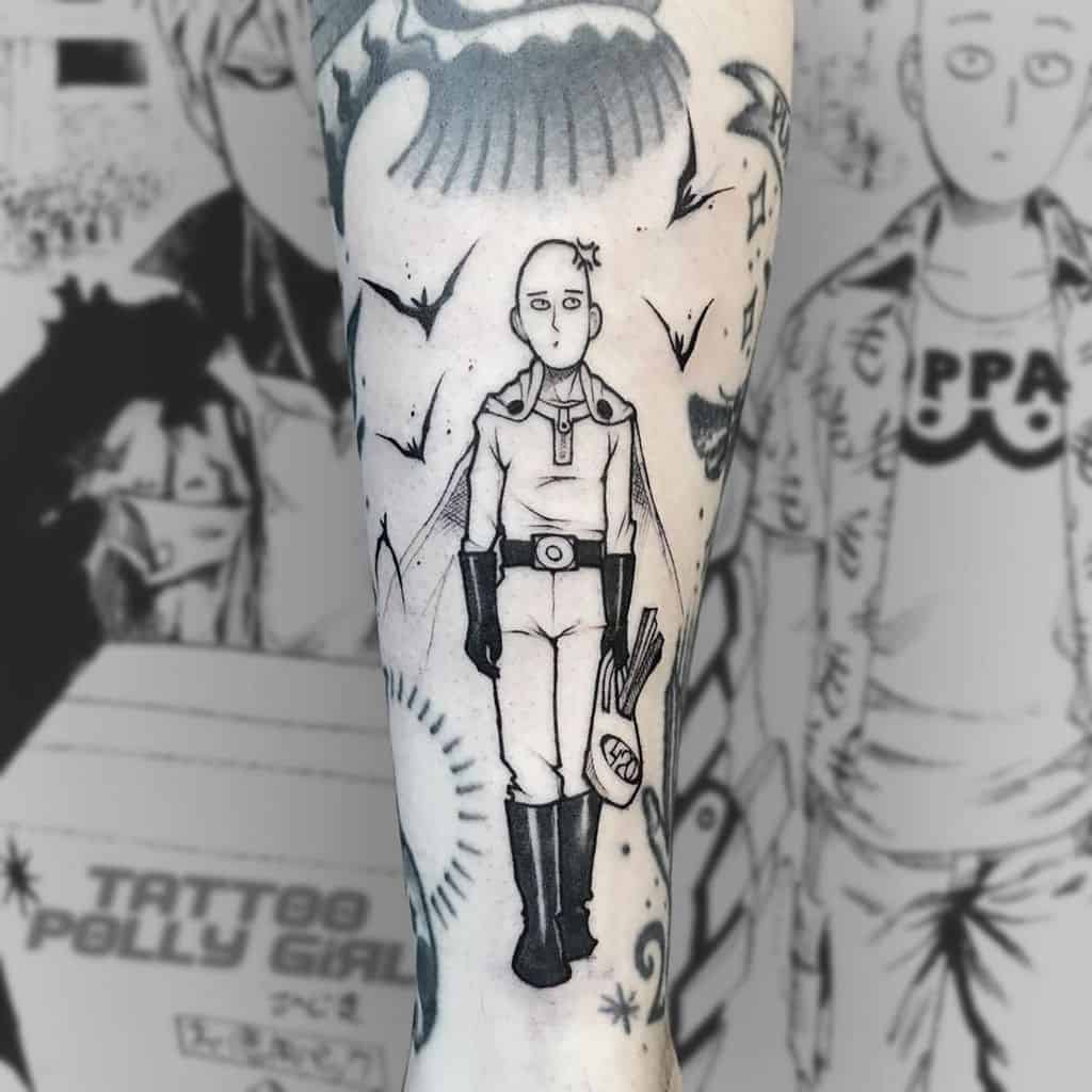 A black and gray tattoo of Saitama from One Punch Man in his hero suit, casually holding a grocery bag, surrounded by birds and abstract designs