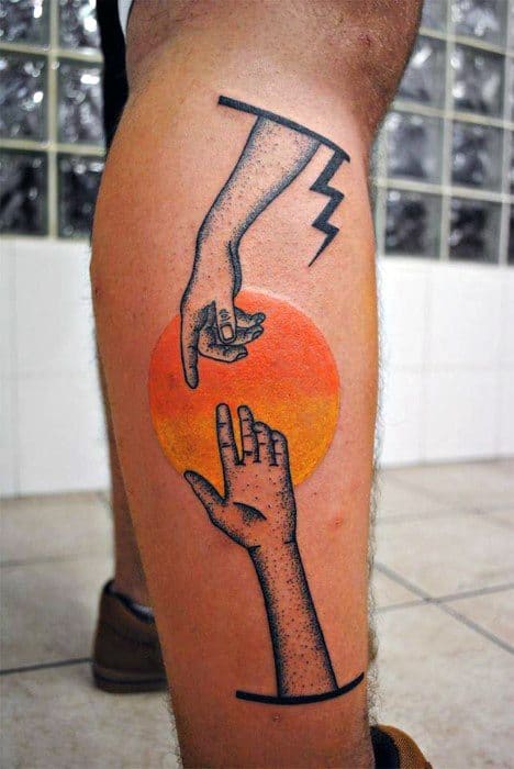 Leg Orange Sun The Creation Of Adam Tattoos Guys