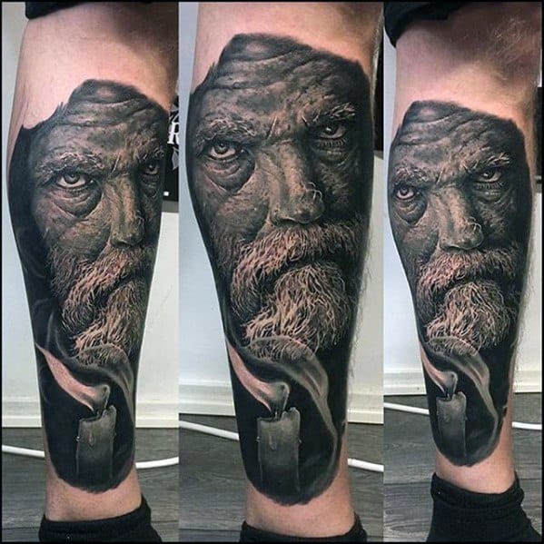 Leg Portrait Realistic 3d Male Tattoo With Rad Design