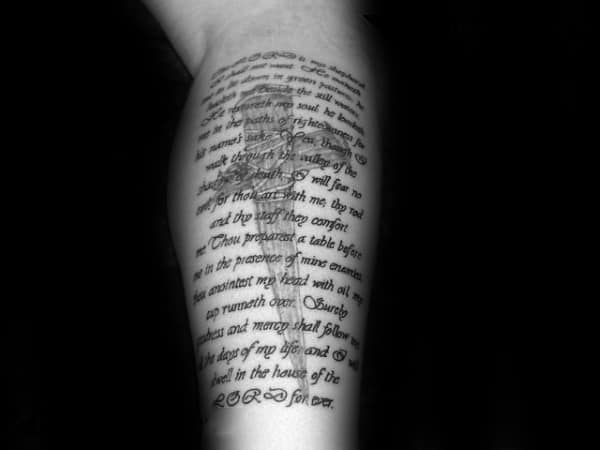 Leg Psalm 23 Bible Quote With Cross Male Religious Tattoo Design Ideas