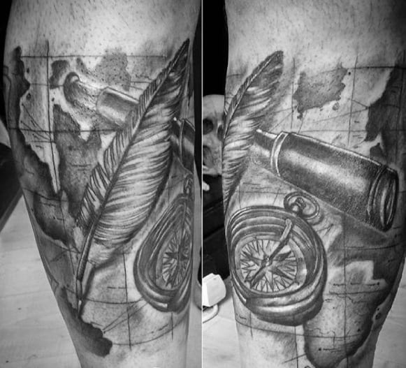 Leg Quarter Sleeve Map With Compass And Quill Tattoos For Gentlemen