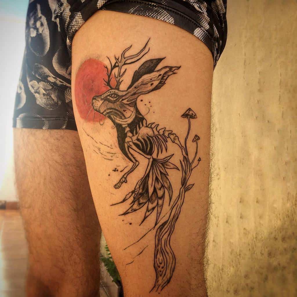 Detailed tattoo of a rabbit with antlers, skeletal features, and flowing lines, surrounded by leaves , branch and mushrooms, with a red sun in the background