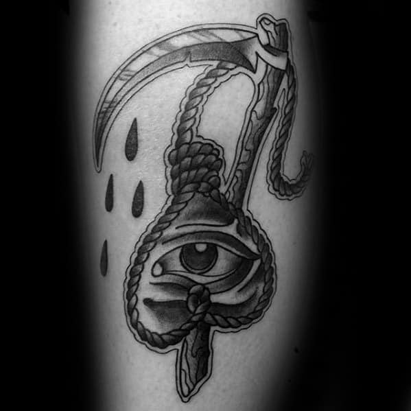 Leg Rope Eye Scythe Tattoo Design On Man