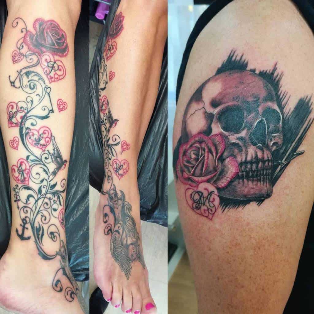 Bold tattoo designs featuring a leg piece with red roses, heart motifs, and swirling vines, paired with a skull adorned with roses for a dramatic effect.