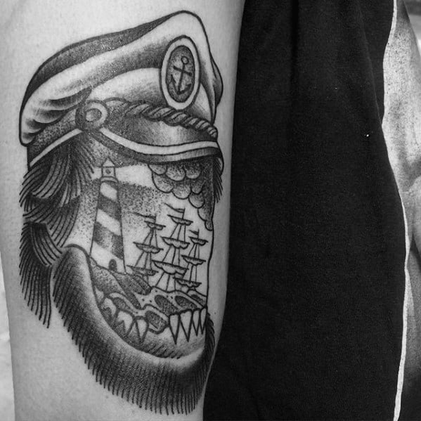 Leg Sailor Portrait With Hat And Sinking Ship Tattoo Ideas For Males