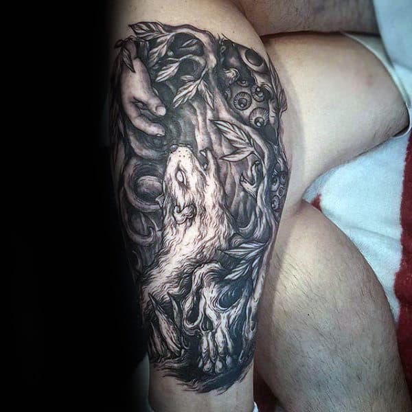 Leg Shaded Black And Grey Skull And Rat Mens Tattoo Designs