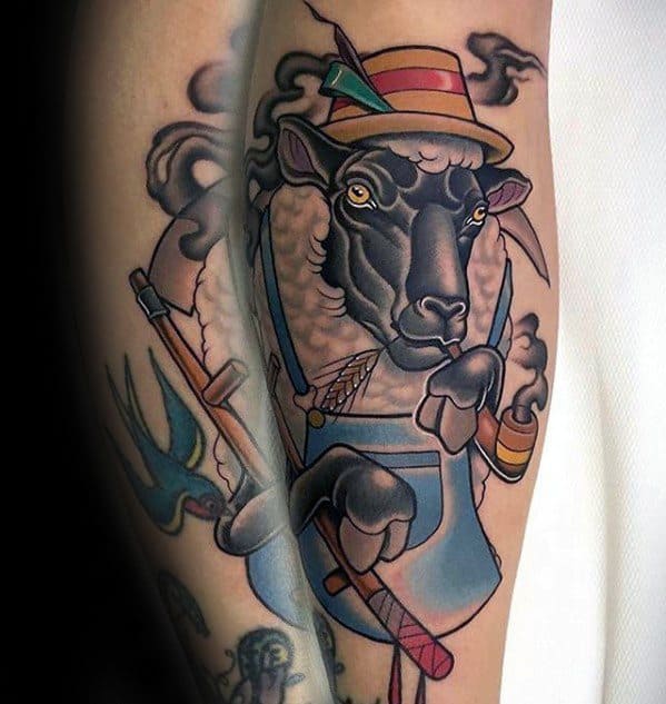 Tattoo of a sheep wearing a hat and overalls, holding a spade and pitchfork