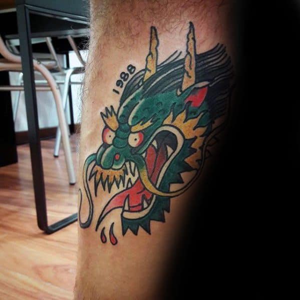 Leg Simple Traditional Dragon Head Mens Tattoos
