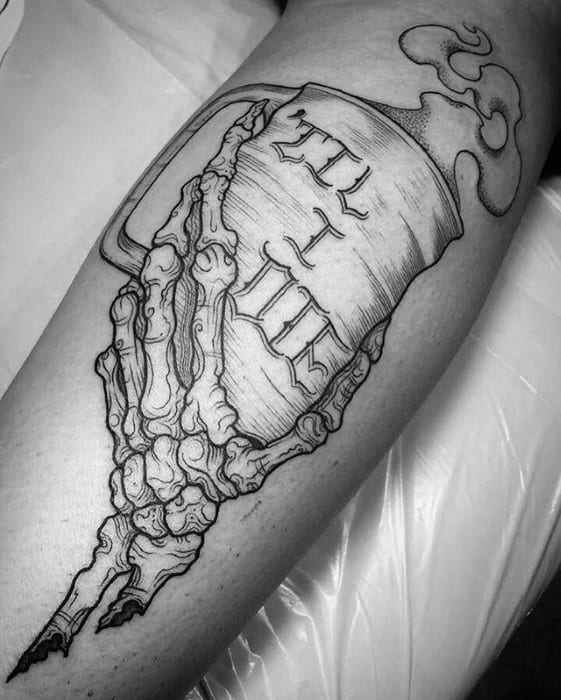 Leg Skeleton Hand Coffee Tattoo Design On Man