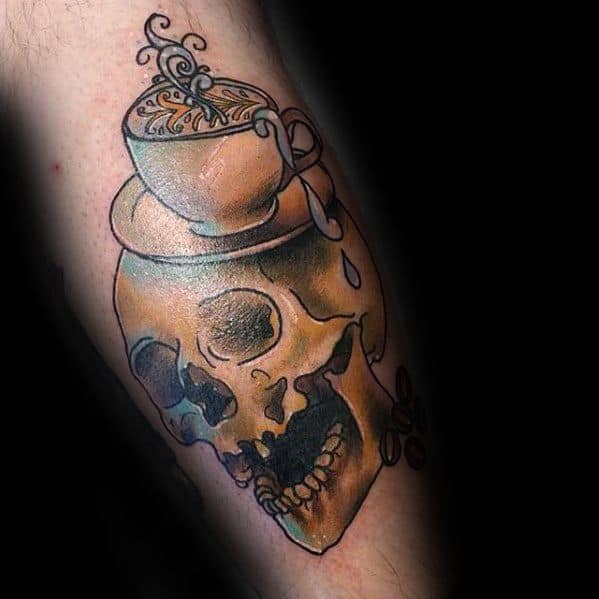 Leg Skull Coffee Cup Male Tattoos