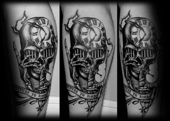 Skull tattoo with a clock and cracked effects, featuring "Refuse to Sink" in a bold banner