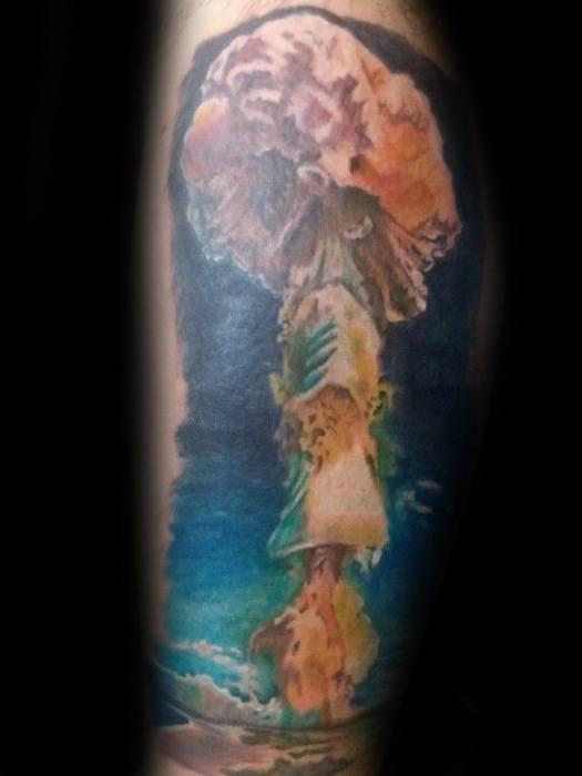 Leg Sky With Mushroom Cloud Tattoos For Gentlemen