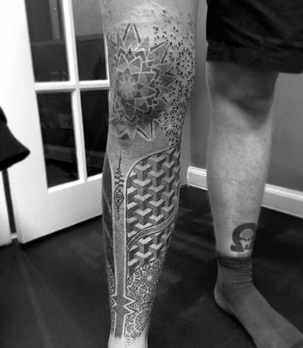 Leg Sleeve And Knee Cap Guys Pointillism Tattoos