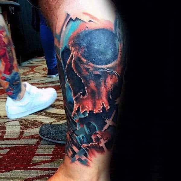 Leg Sleeve Artistic Watercolor Skull Male Tattoos