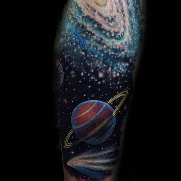 Leg Sleeve Celestial Tattoo Design On Man
