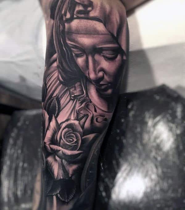 Leg Sleeve Christian Virgin Mary Male Tattoo Ideas