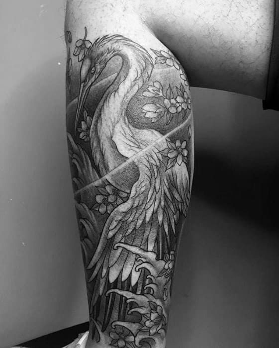 Leg Sleeve Crane Japanese Male Tattoos