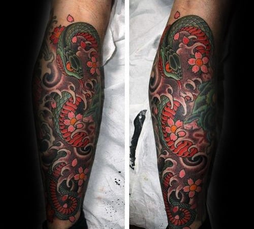Leg Sleeve Floral Guys Japanese Snake Tattoo Design Idea Inspiration