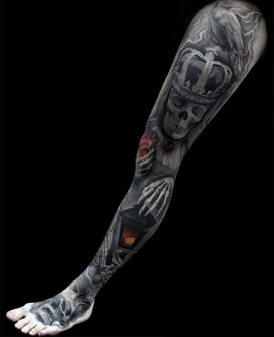 Leg Sleeve Guys 3d Skull With Crown And Lantern Tattoo Designs