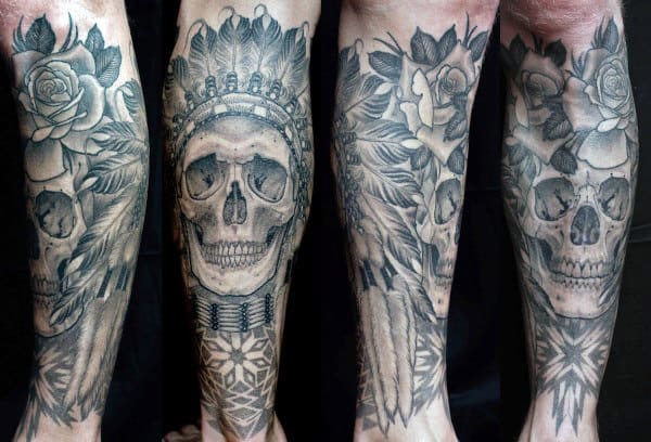 Leg Sleeve Indian Skull Male Tattoo Ideas