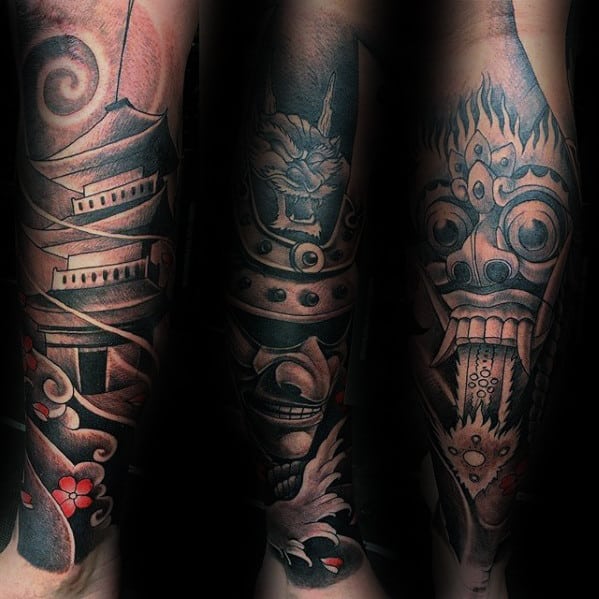 Leg Sleeve Japanese Demon Mask With Temple Guys Tattoo Ideas
