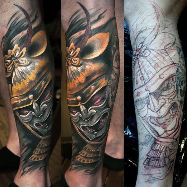 Leg Sleeve Japanese Samurai Tattoo For Men