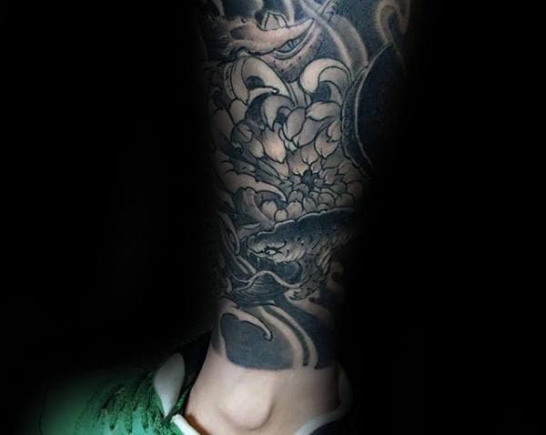 Leg Sleeve Koi Fish Chrysanthemum Flower Japanese Themed Male Tattoo