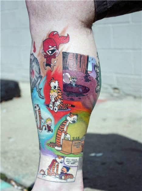 Leg Sleeve Male Calvin And Hobbes Tattoo