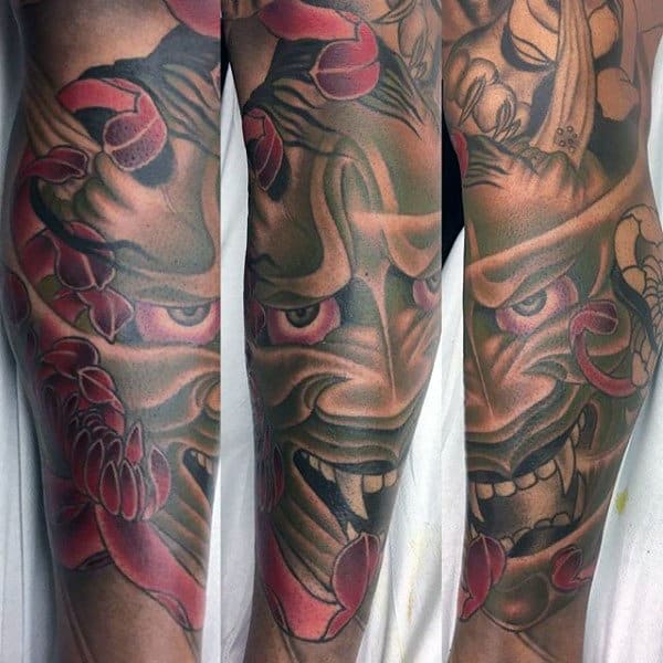 Leg Sleeve Male Chrysanthemum Flower With Demon Mask Japanese Tattoos