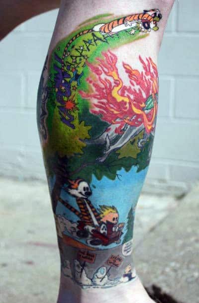 Leg Sleeve Male Colorful Calvin And Hobbes Themed Tattoo Ideas