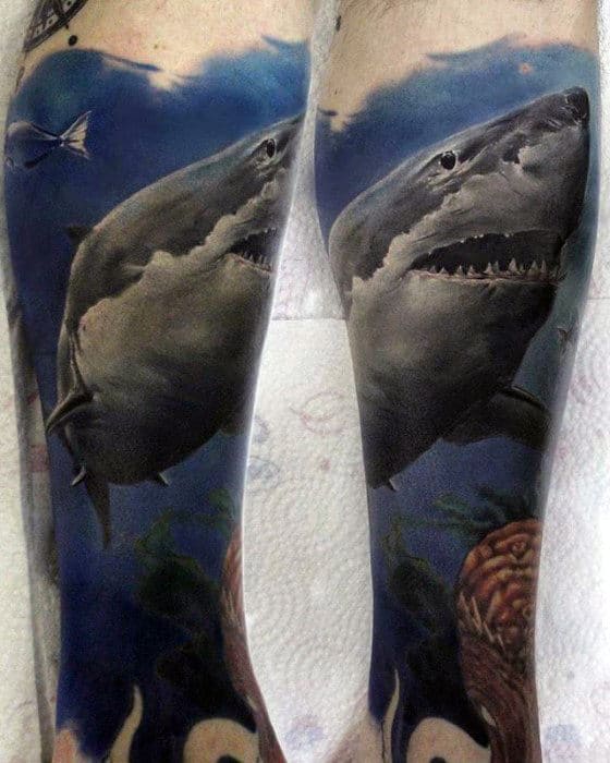 Leg Sleeve Male Shark Tattoo Design Ideas